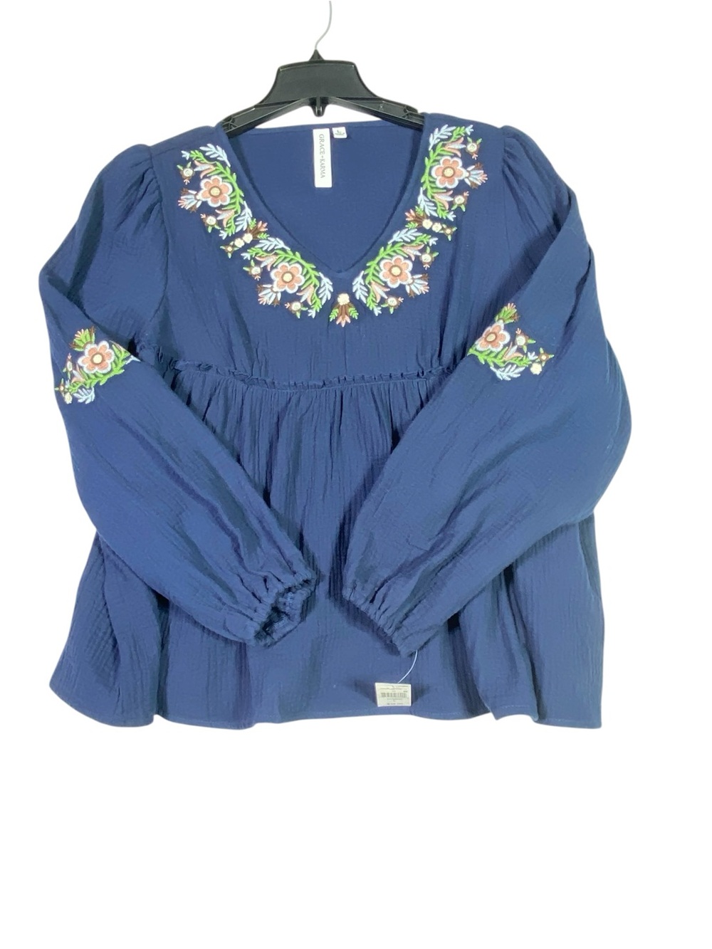 Grace + Karma Boho Peasant Blouse Women's L Navy Blue Floral Embroidered NWT